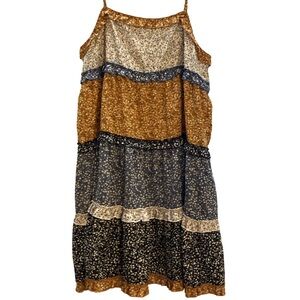 STORIA Boho Baby Doll Tiered Floral Midi Dress in Mustard, Navy & Cream L